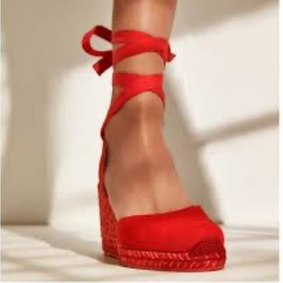Stuart Weitzman Marguerita Canvas Espadrille Wedge Red Ankle Wrap Sandals Siz 10 - Picture 12 of 13